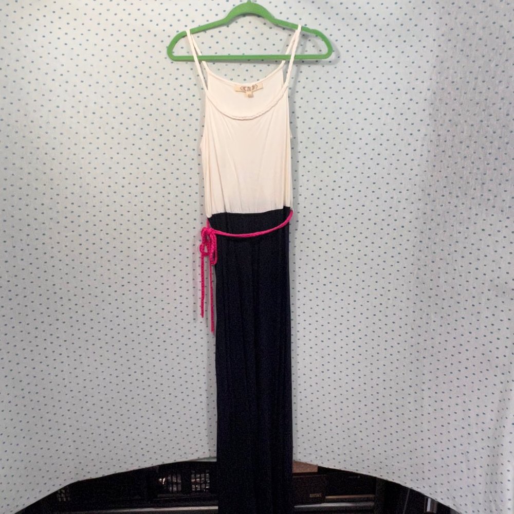 NWT Pink Rose White & Blue Color-block Maxi Dress w/ Pink Rope Belt